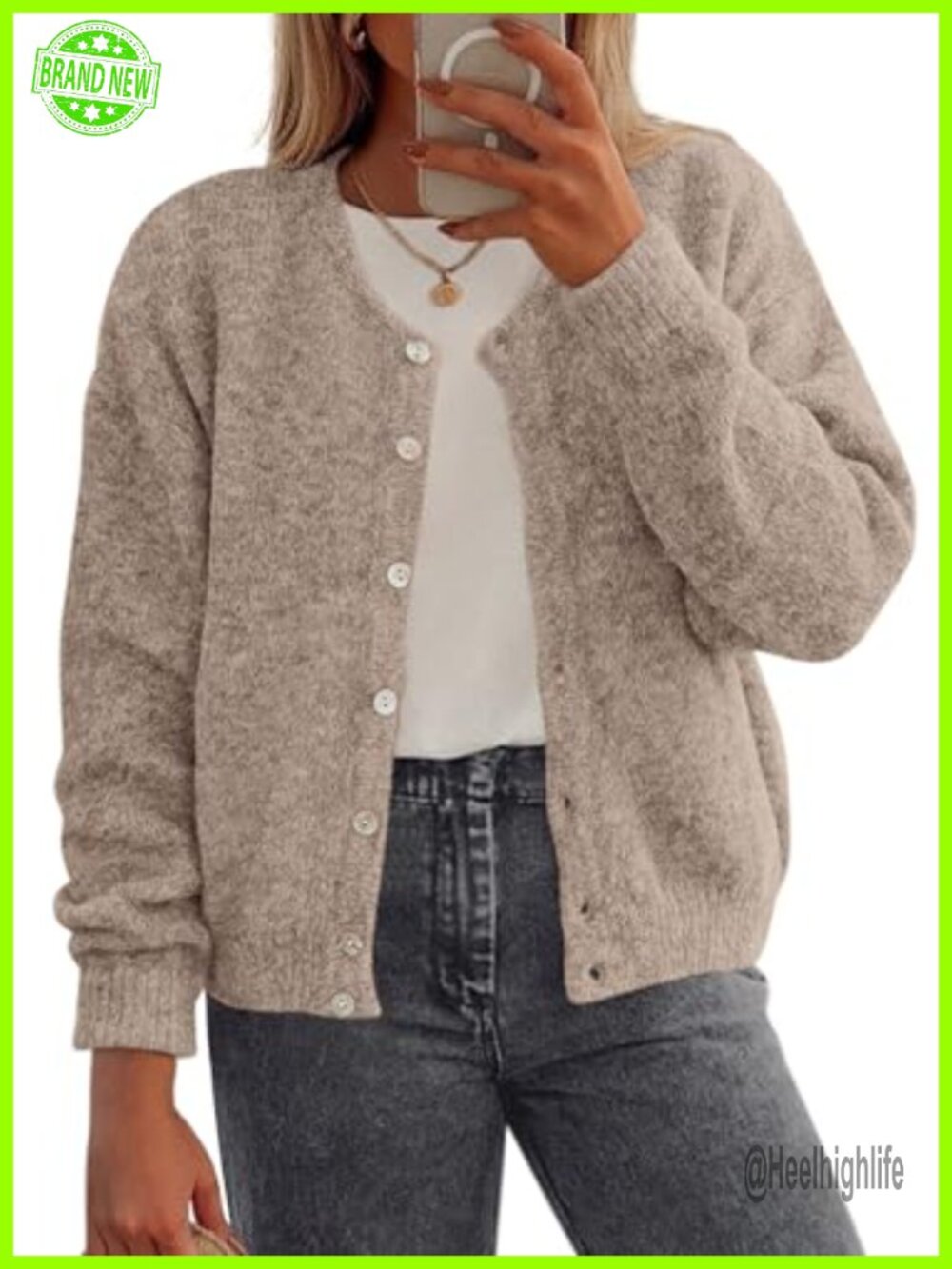 Womens Loose Knit Button Down Cardigan Long Sleeve Crewneck Sweater